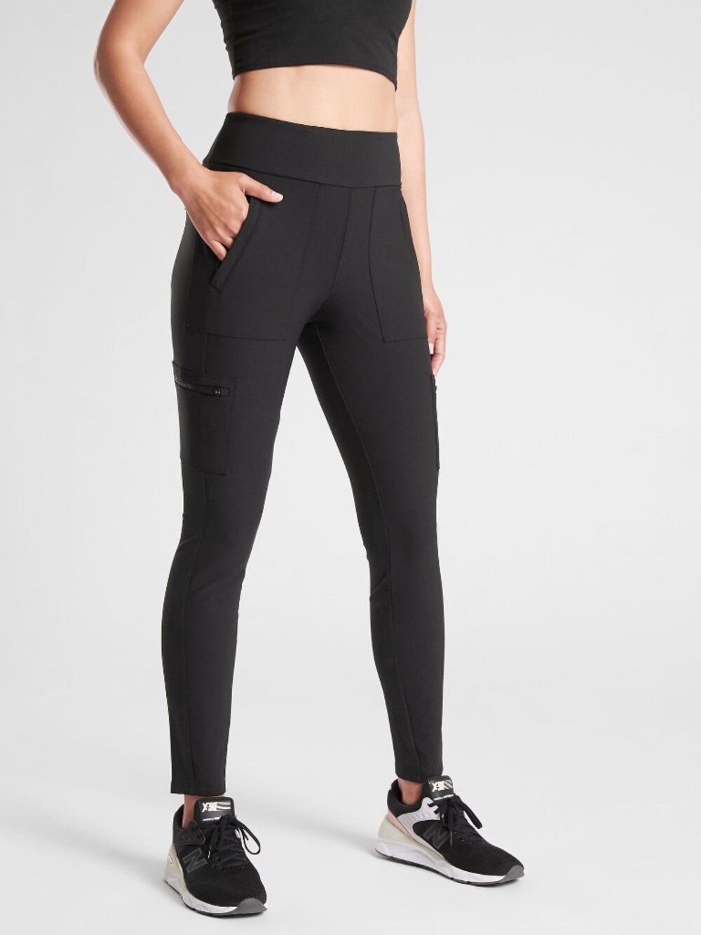 Athleta Hybrid Black Leggings Front and Back Zipper Pockets 2